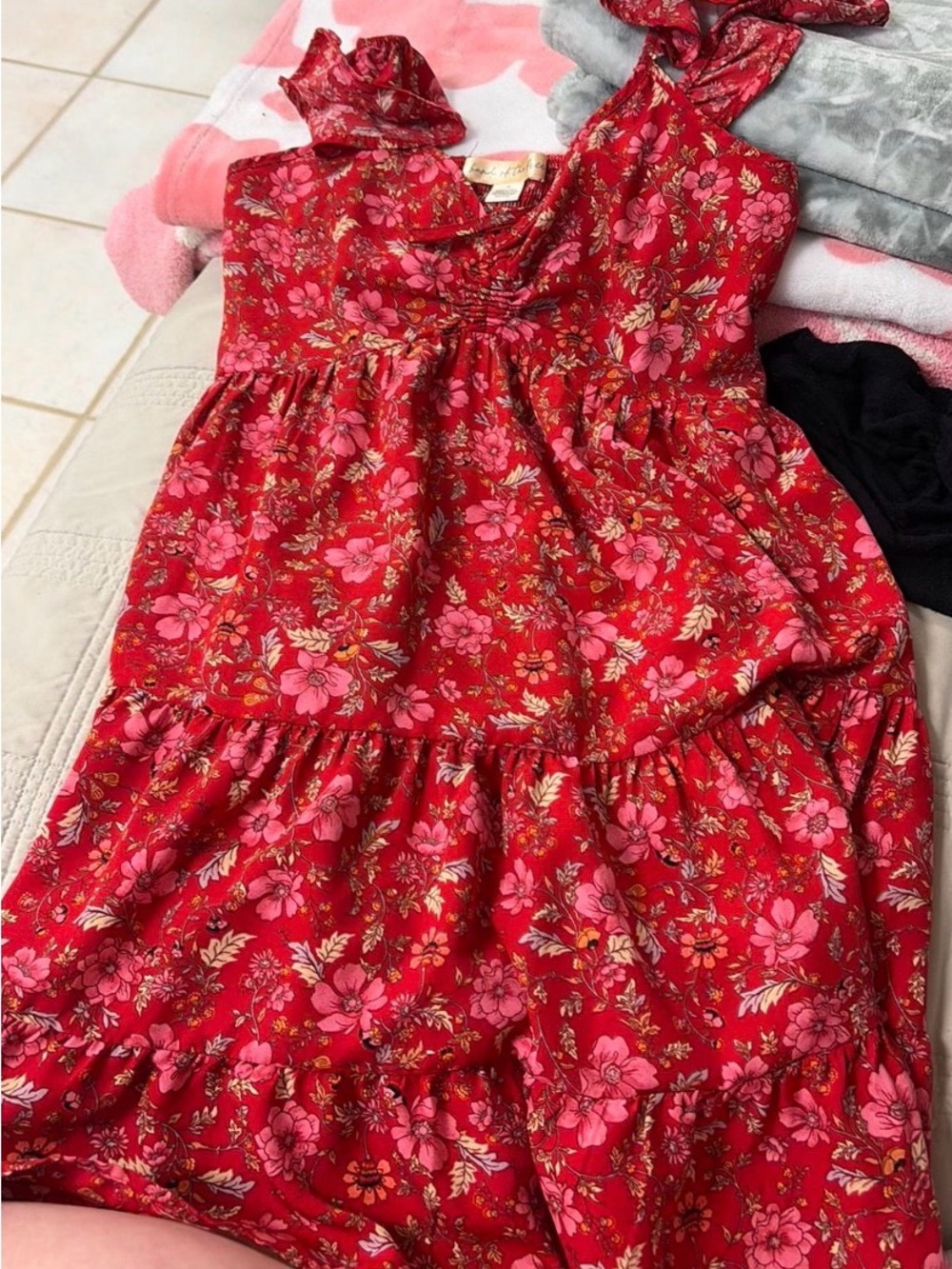 We The Free Red Floral Mini Dress with Pink Flowers